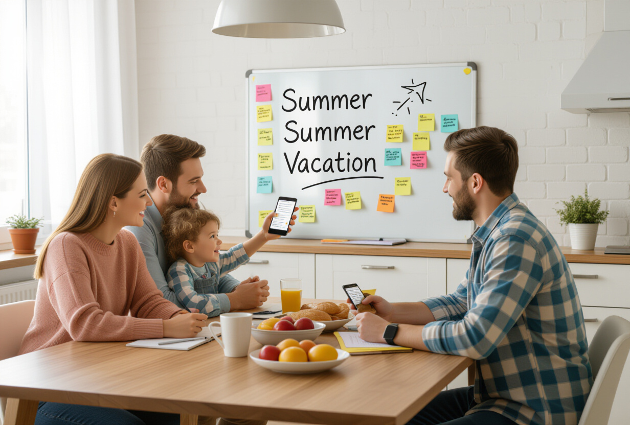 Famille planifiant les vacances ensemble avec une application de gestion de taches collaborative