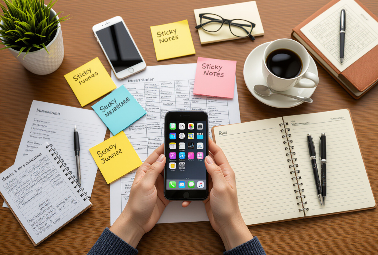 Bureau encombre avec des outils de productivite abandonnes, post-its, telephone et carnet