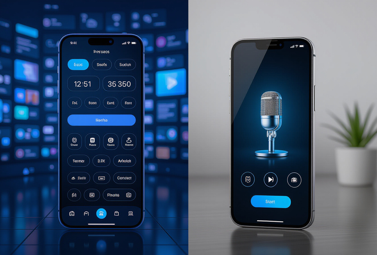 Comparaison entre une interface complexe surchargee et une interface minimaliste avec un simple bouton micro