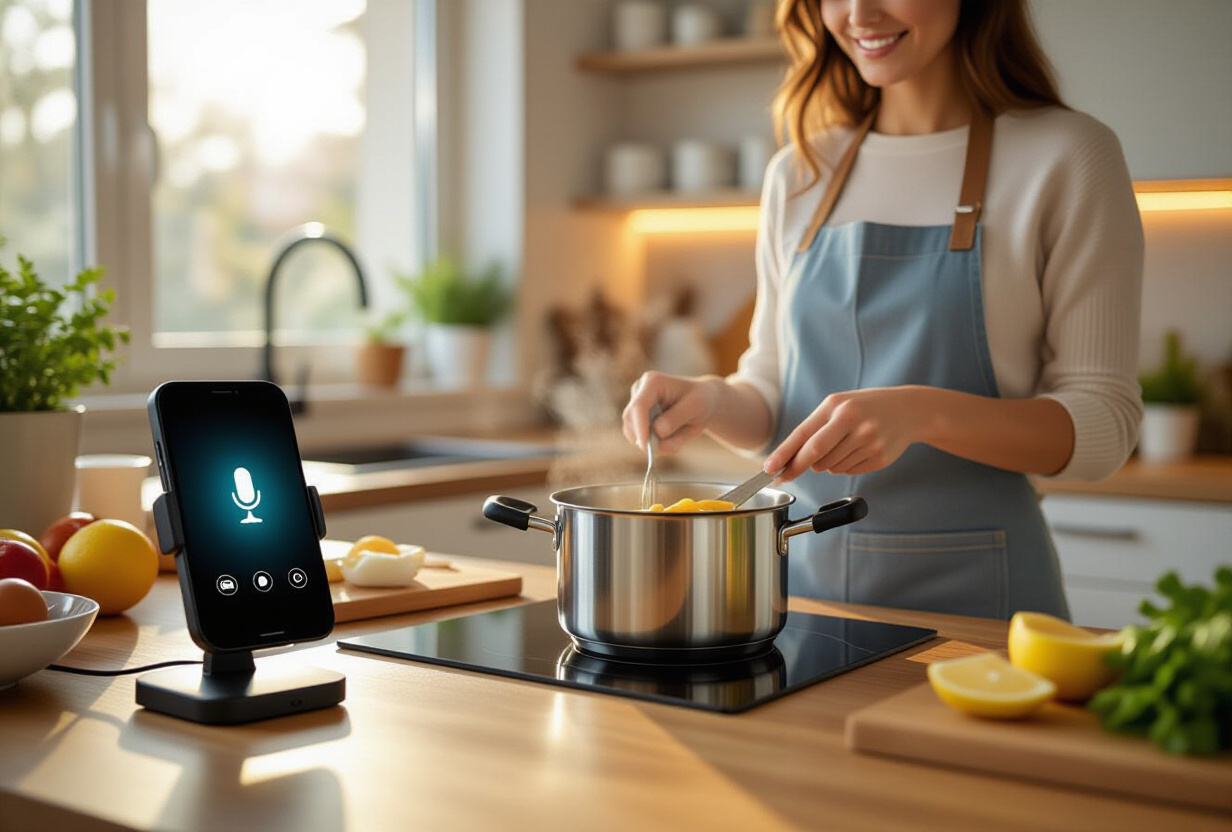 Personne cuisinant avec les mains occupees, telephone sur un support a cote avec assistant vocal actif