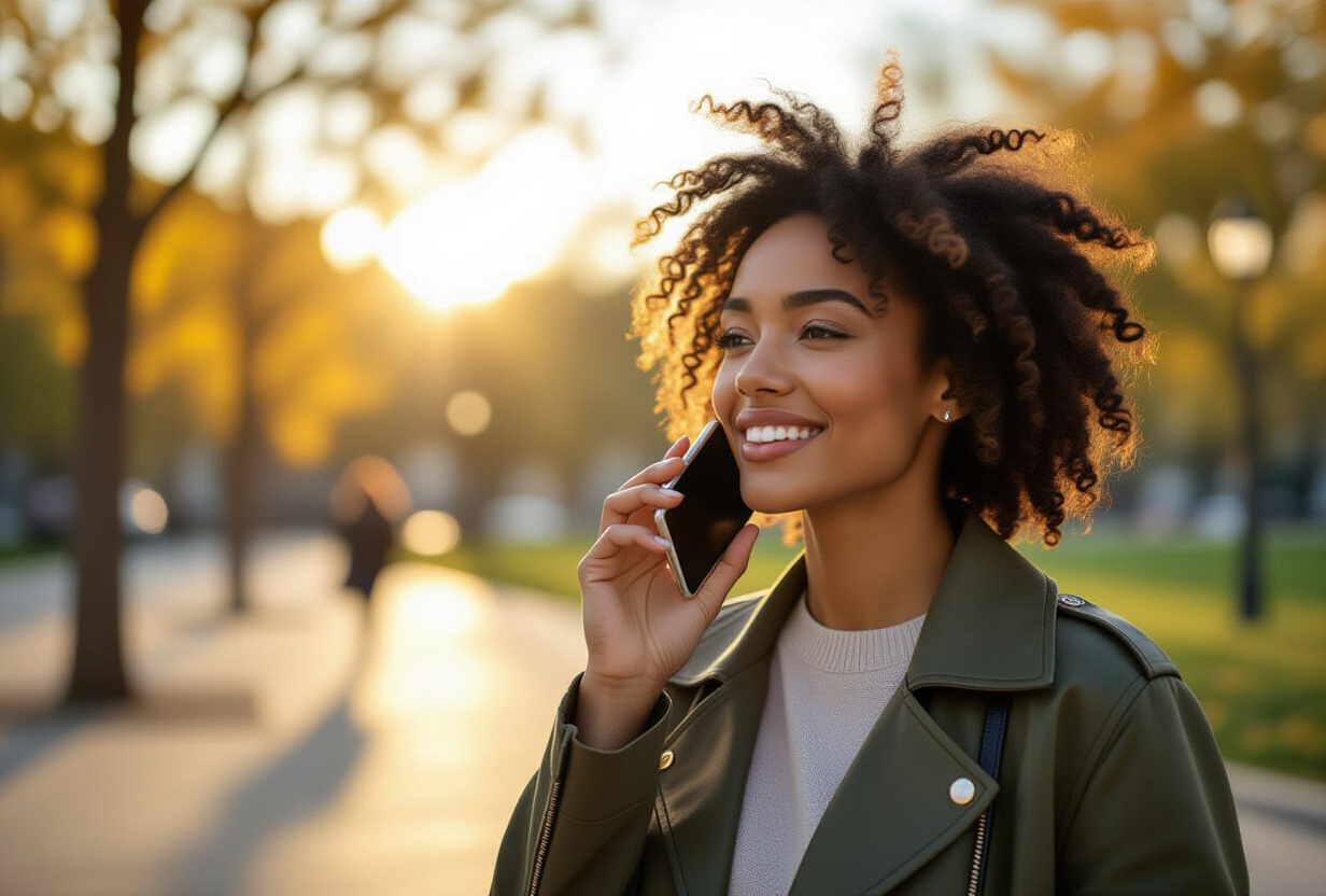 Personne parlant naturellement dans son telephone en marchant dans un parc, lumiere doree