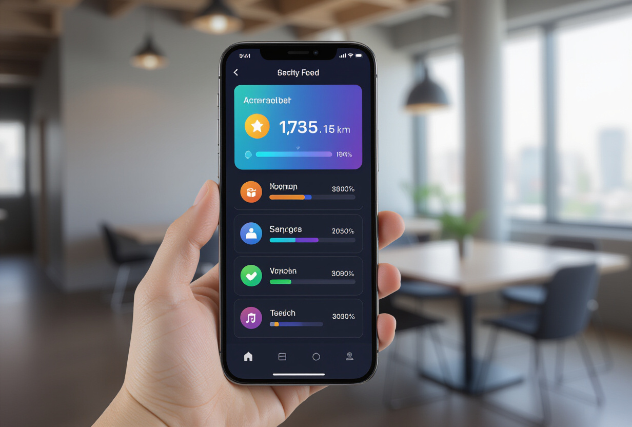 Ecran de smartphone montrant un flux d'activite avec des badges de reussite colores, des barres de progression et des cartes de notification