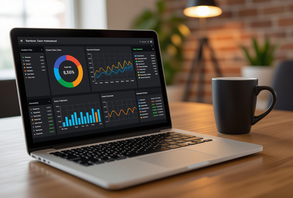Ecran d'ordinateur montrant un tableau de bord de monitoring de performance de base de donnees avec des graphiques colores