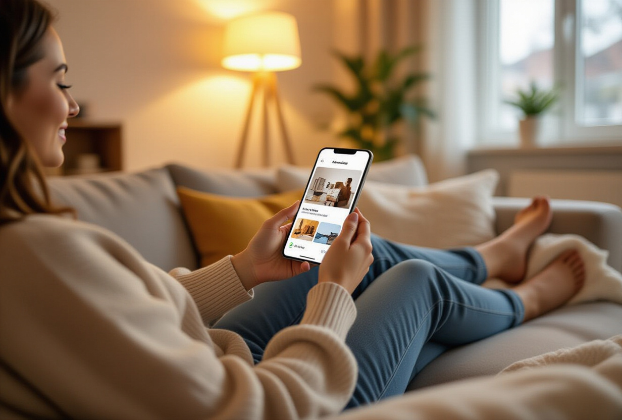 Personne detendue sur un canape faisant defiler un flux d'application mobile avec du contenu qui charge de maniere fluide