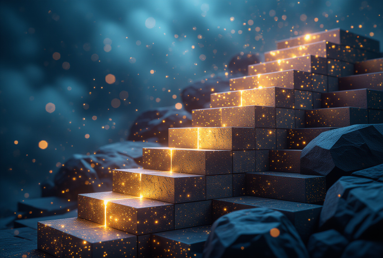 Escalier lumineux progressif symbolisant les niveaux de progression dans un jeu