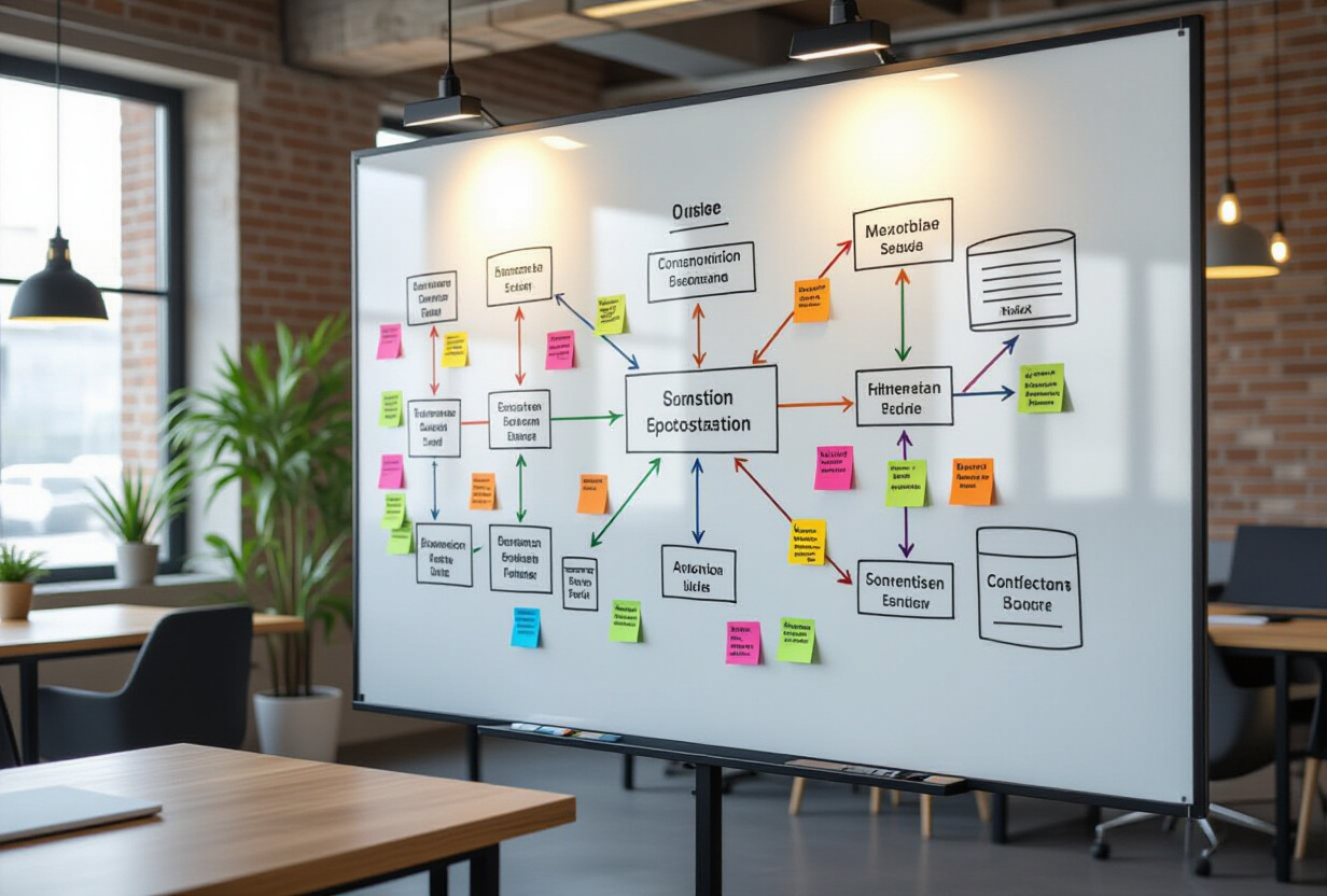 Schema de base de donnees complexe dessine sur un tableau blanc avec des post-it colores et des fleches