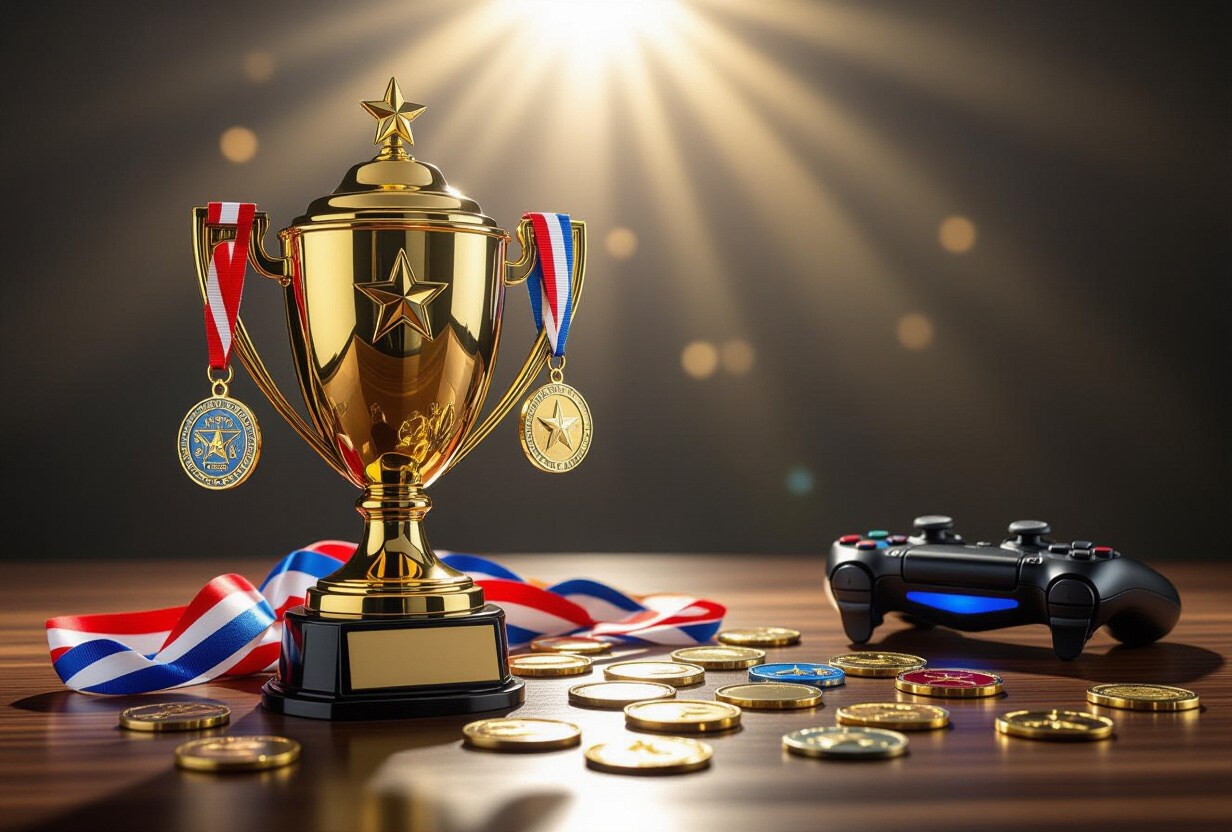 Trophee dore entoure de badges et medailles colorees sur un bureau en bois sombre