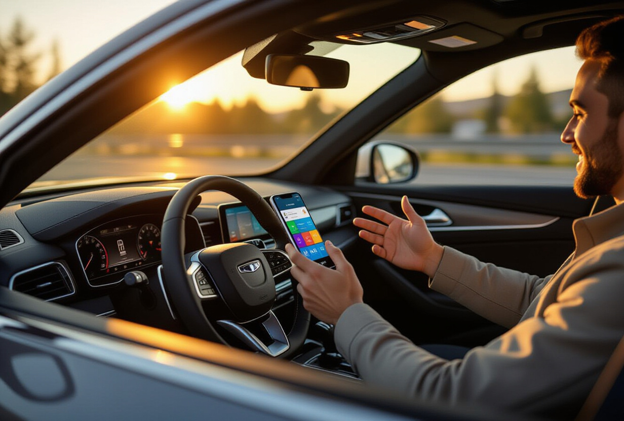 Personne au volant utilisant la commande vocale sur son smartphone pour creer des taches mains libres