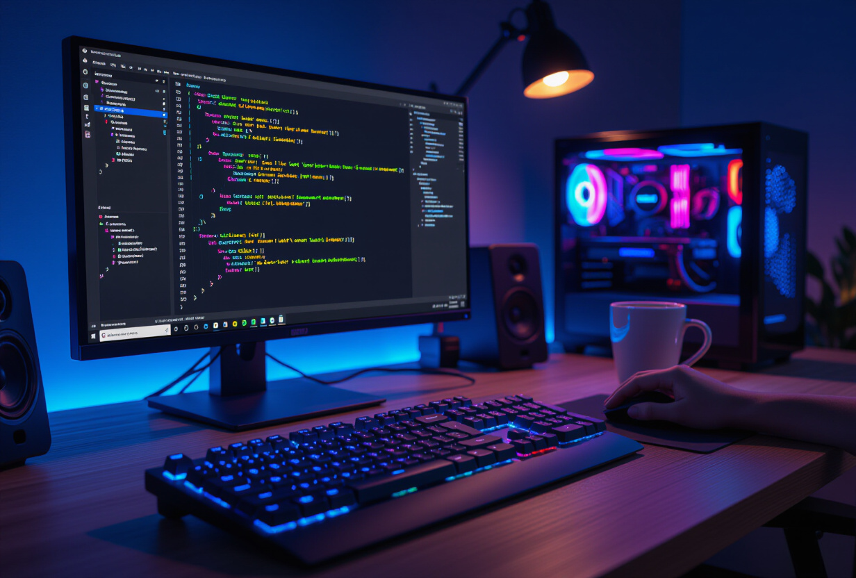 Espace de travail de developpeur avec ecran de code React Native, clavier mecanique et eclairage bleu ambiant
