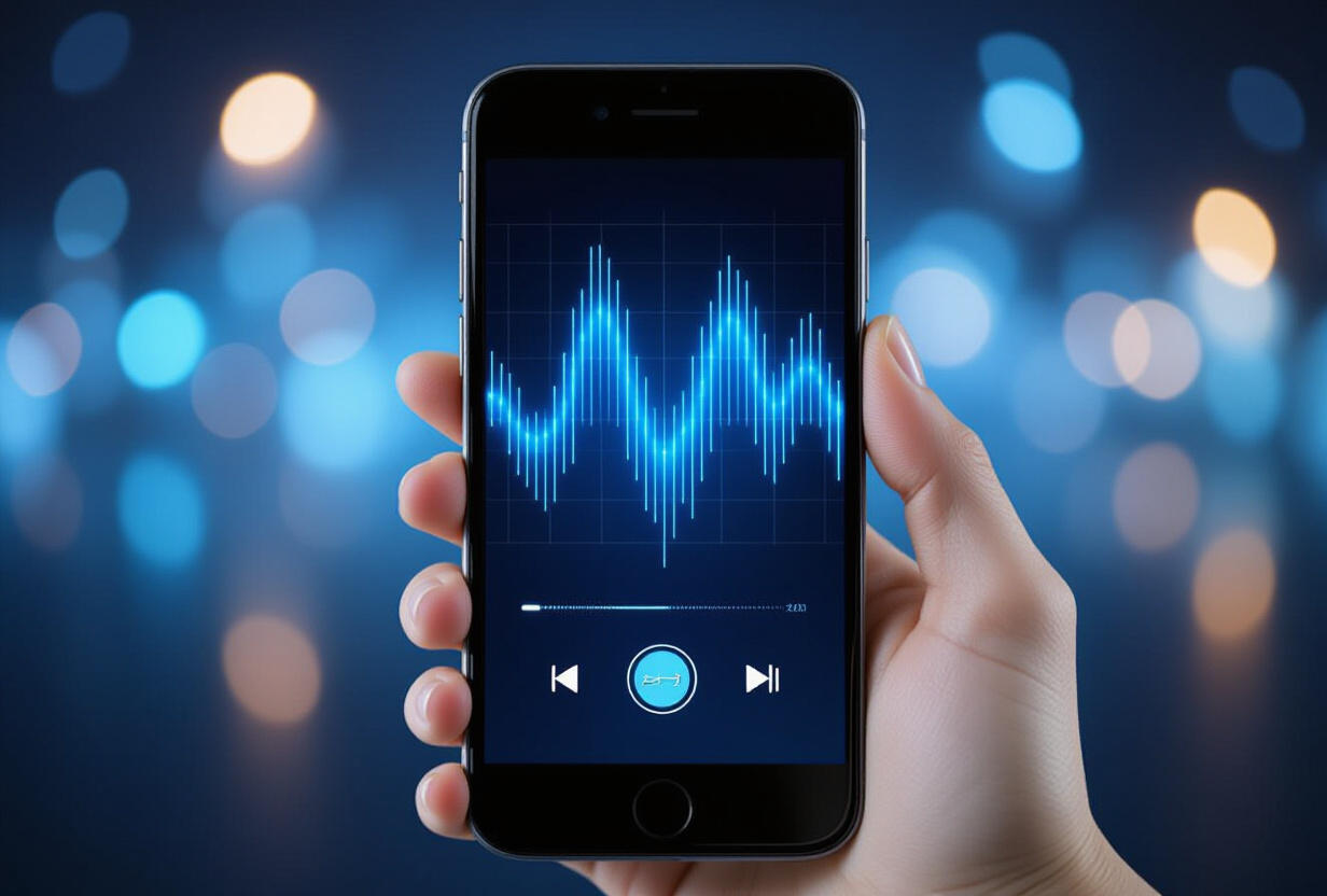 Main tenant un smartphone avec visualisation d'onde vocale sur l'ecran, reflets de lumiere bleue