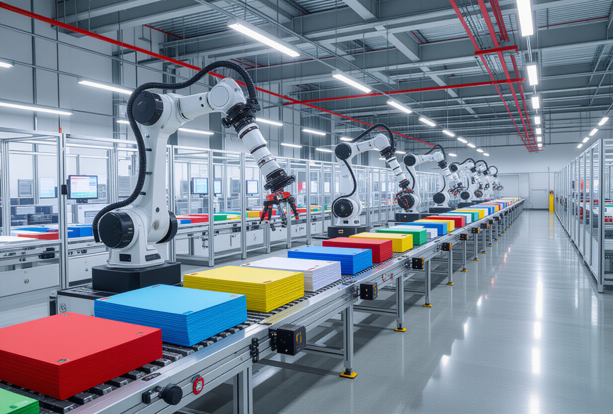 Chaine de production automatisee symbolisant le pipeline de traduction continue
