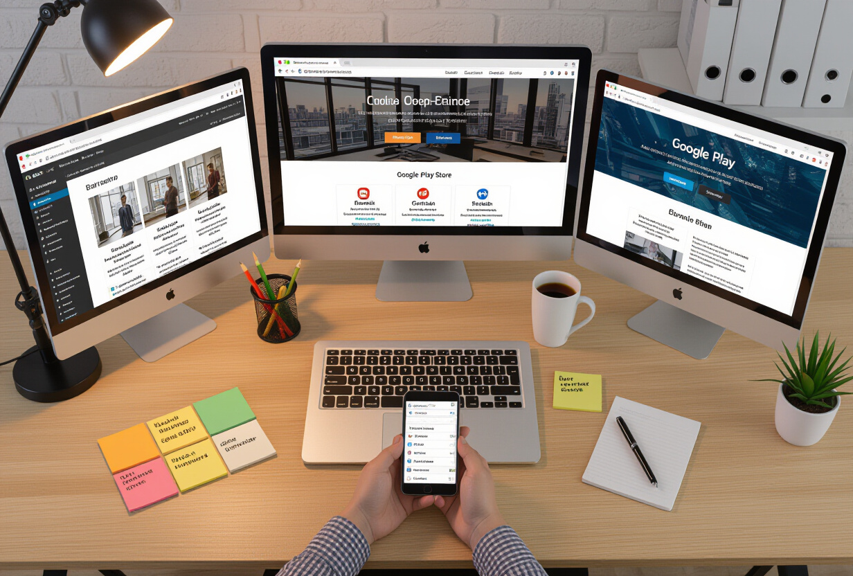 Bureau de developpeur solo avec plusieurs onglets de navigateur montrant un site web en differentes langues et une fiche Play Store sur un telephone