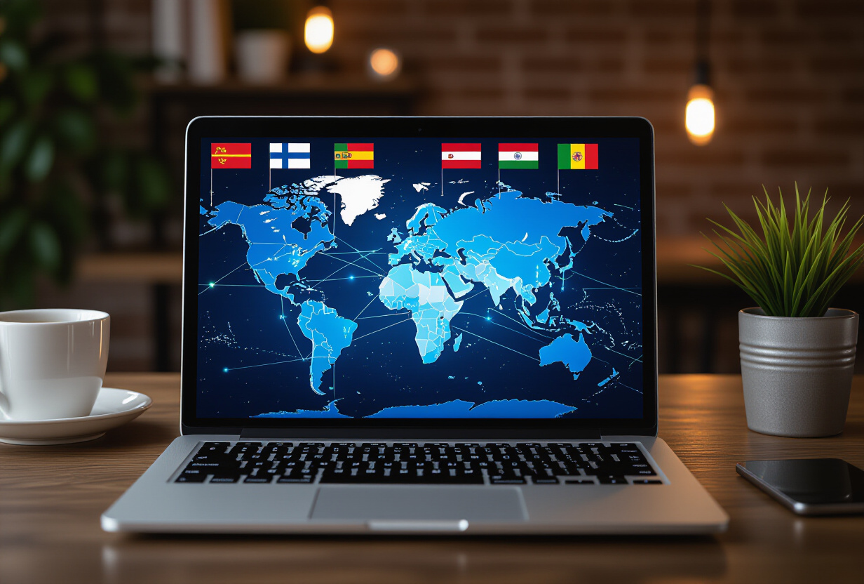 Carte du monde montrant les connexions entre 6 pays europeens avec des drapeaux de langues, representant le trafic international de TAMSIV
