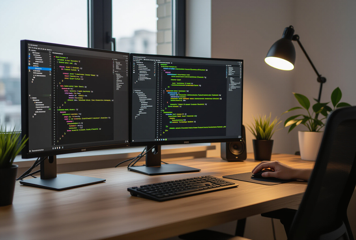 Espace de travail developpeur avec plusieurs ecrans affichant des fichiers de traduction dans differentes langues