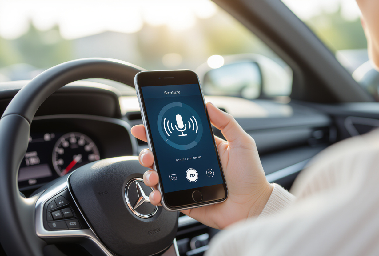 Personne utilisant un assistant vocal sur son smartphone en voiture