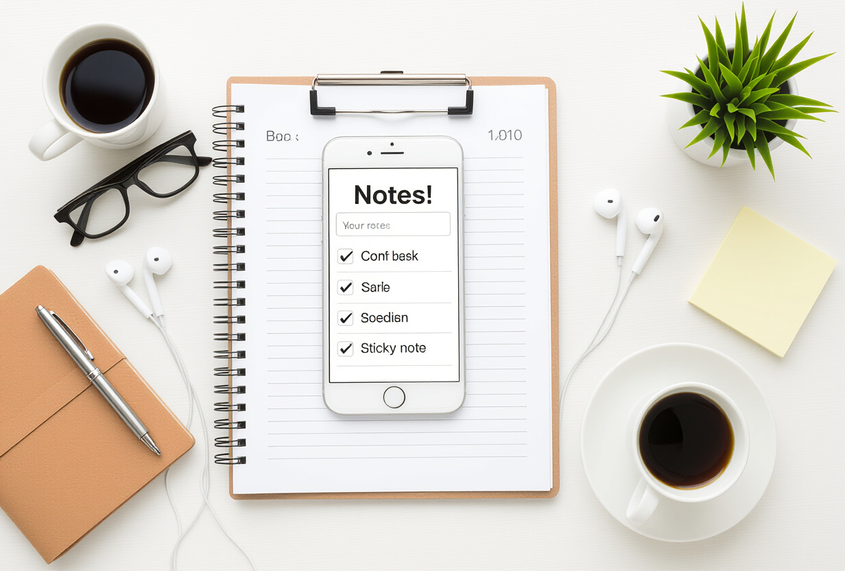Bureau organise avec smartphone affichant une application de notes et accessoires de travail