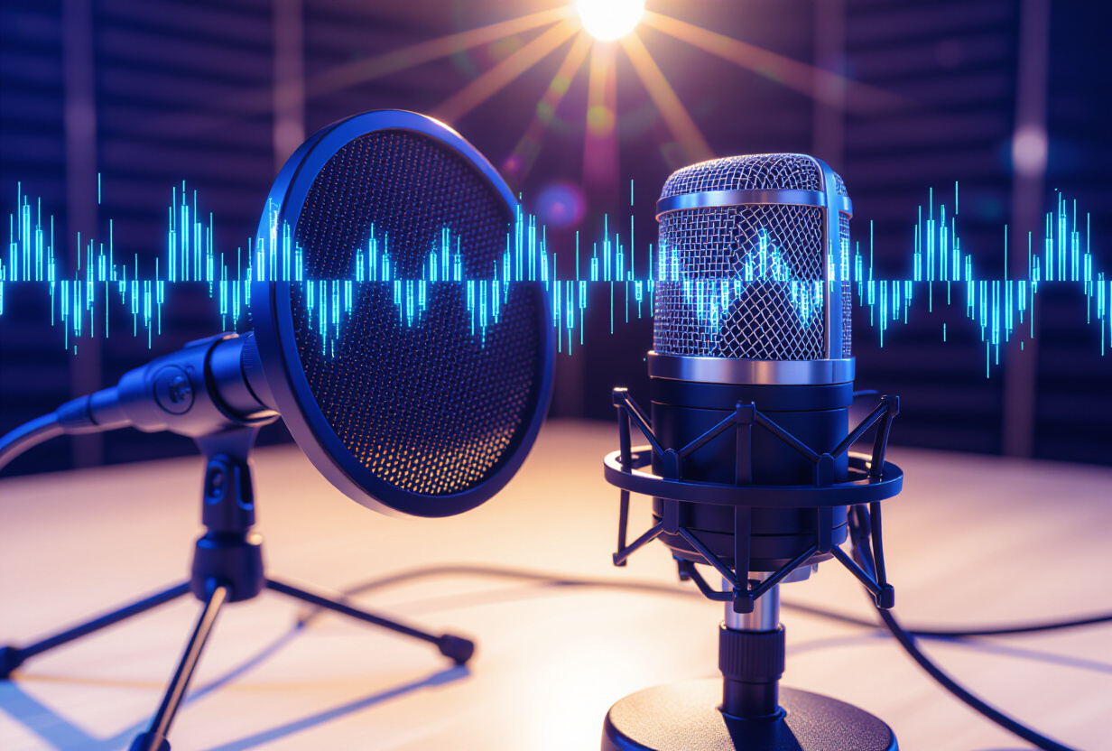 Microphone professionnel avec visualisation d'ondes sonores en eclairage bleu et violet