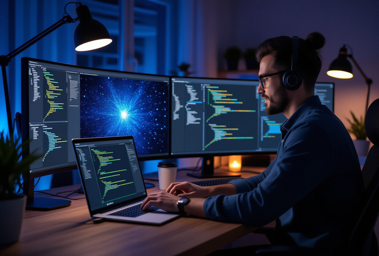Developpeur travaillant tard la nuit sur un site web sombre avec des particules animees, bureau avec plusieurs ecrans