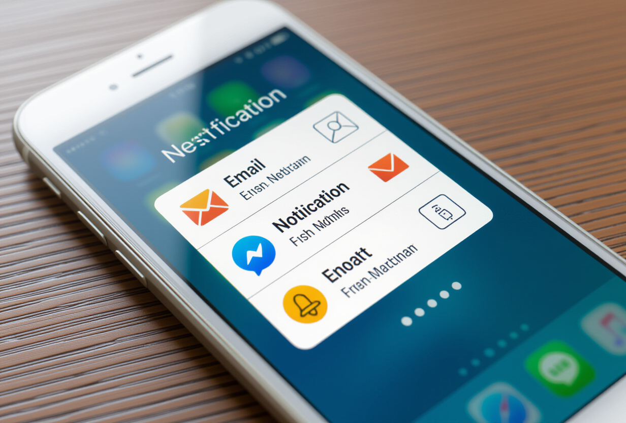 Smartphone affichant des icones de notification email et push sur fond sombre