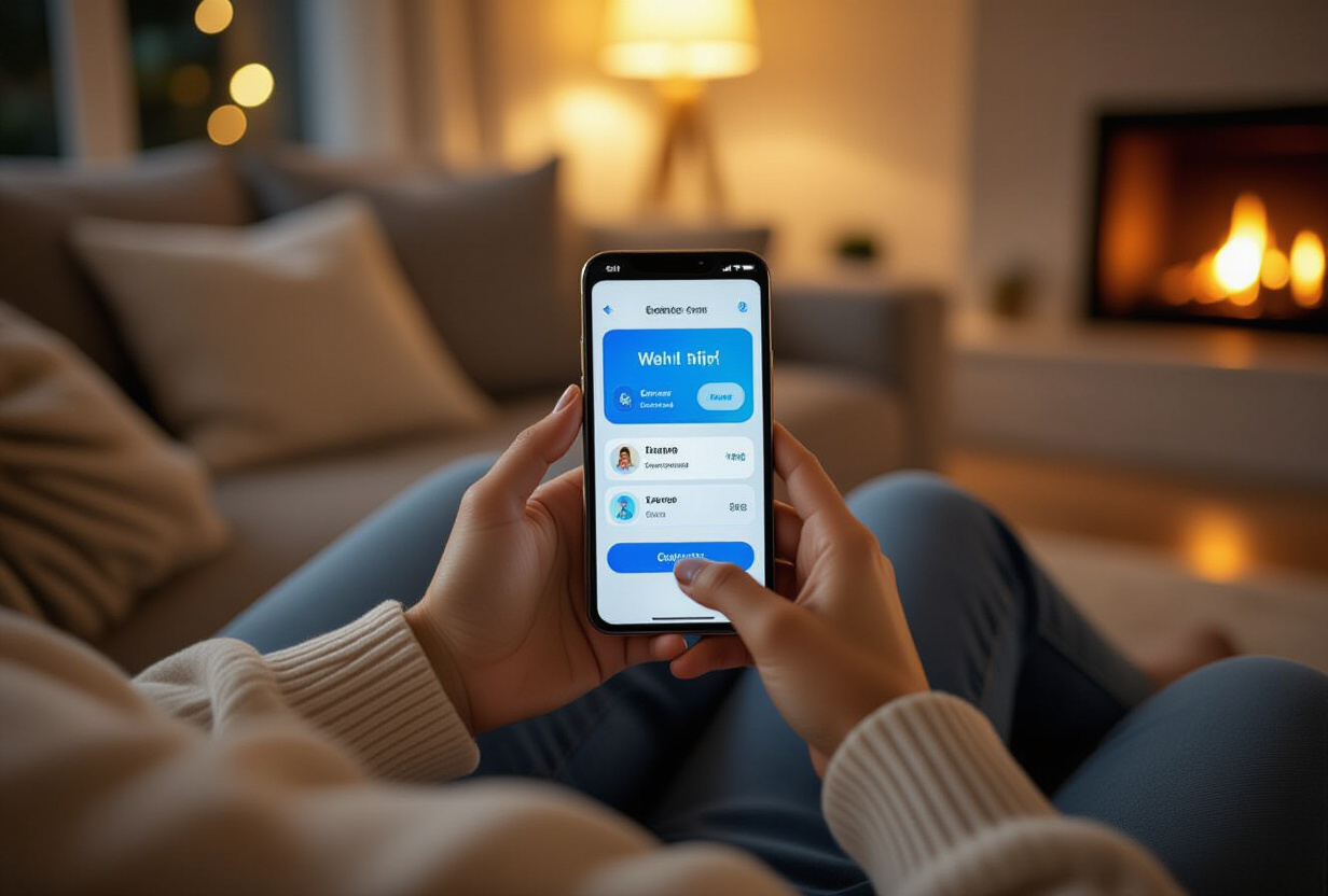 Personne utilisant decontractement une application smartphone pour la premiere fois, interface simple et accueillante