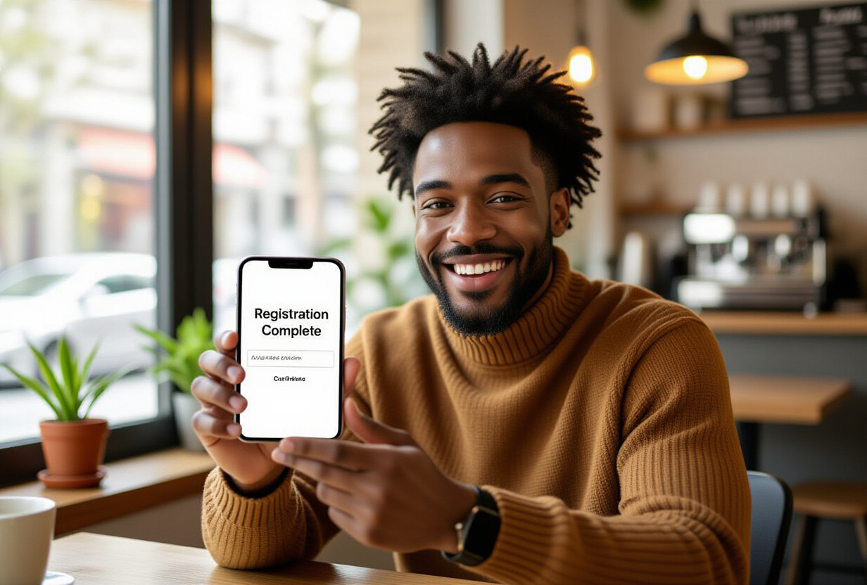 Personne satisfaite avec son smartphone montrant un ecran d'inscription completee, ambiance chaleureuse de cafe