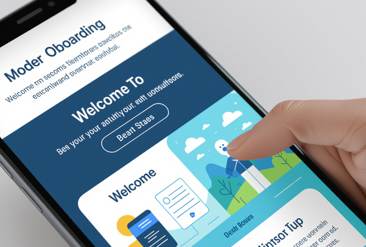 Ecran de smartphone montrant des slides d'accueil modernes avec un design minimaliste, doigt glissant entre les slides