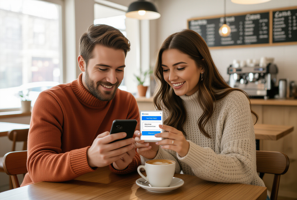 Deux personnes partageant un ecran de smartphone avec un code de parrainage dans un cafe