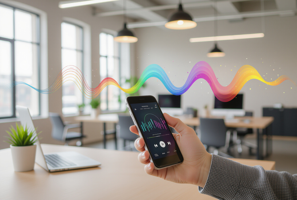 Personne parlant dans un smartphone avec visualisation d'ondes sonores colorees