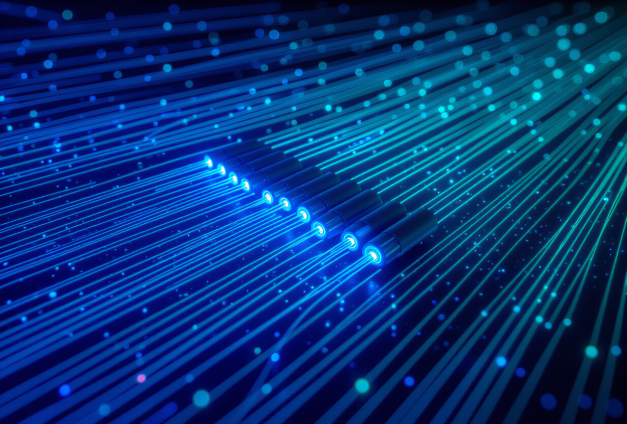 Ondes sonores se propageant dans un environnement sombre avec des particules de lumiere bleue et cyan