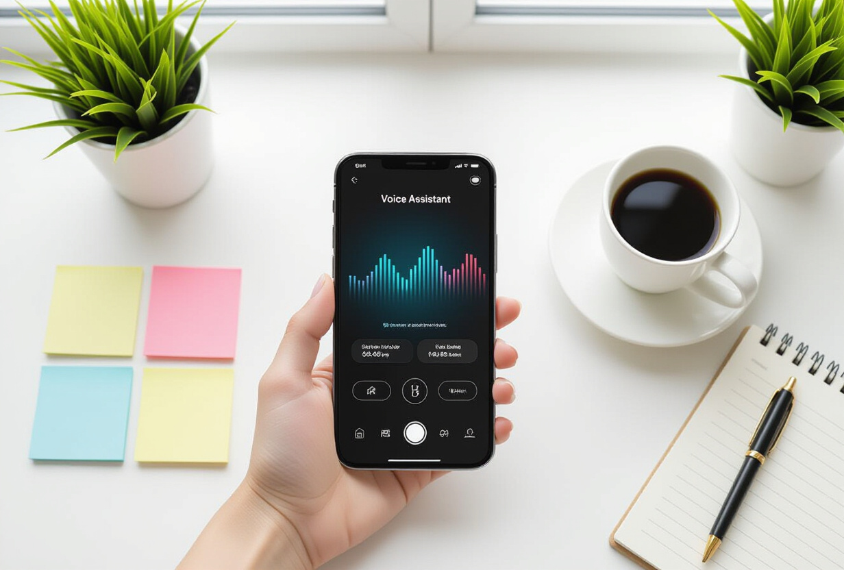 Bureau moderne avec smartphone affichant une interface d'assistant vocal, entoure de notes et d'un cafe
