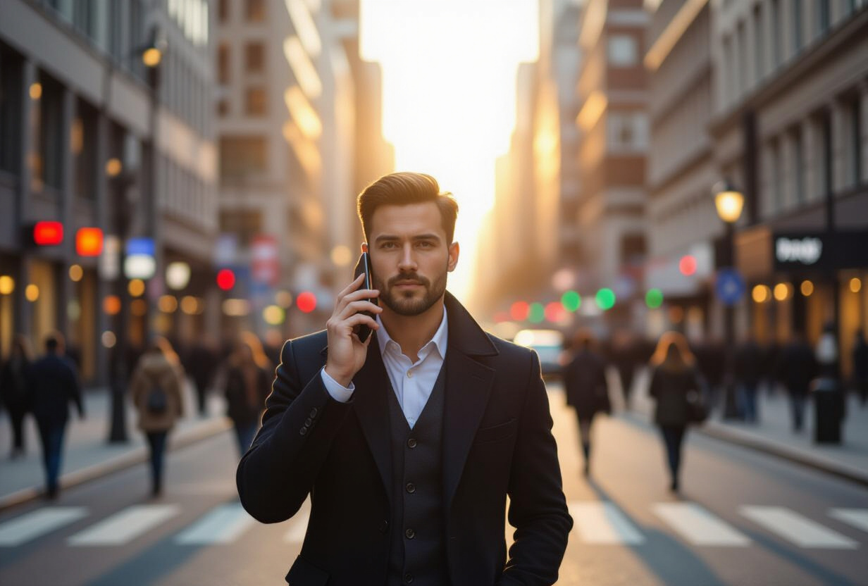 Professionnel utilisant la saisie vocale sur son smartphone en marchant dans une rue urbaine au coucher du soleil