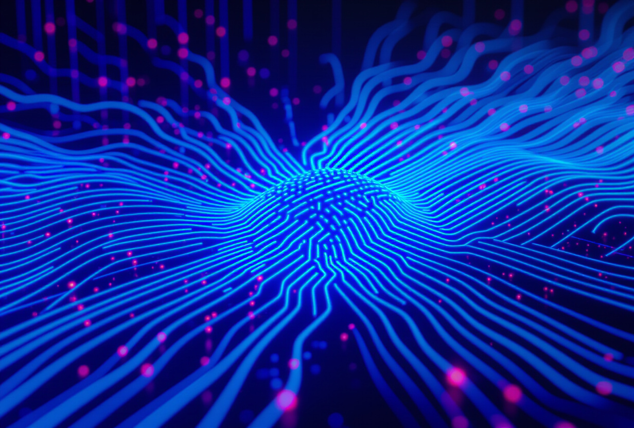 Representation visuelle futuriste de connexions neuronales et d'ondes sonores representant le traitement vocal par intelligence artificielle