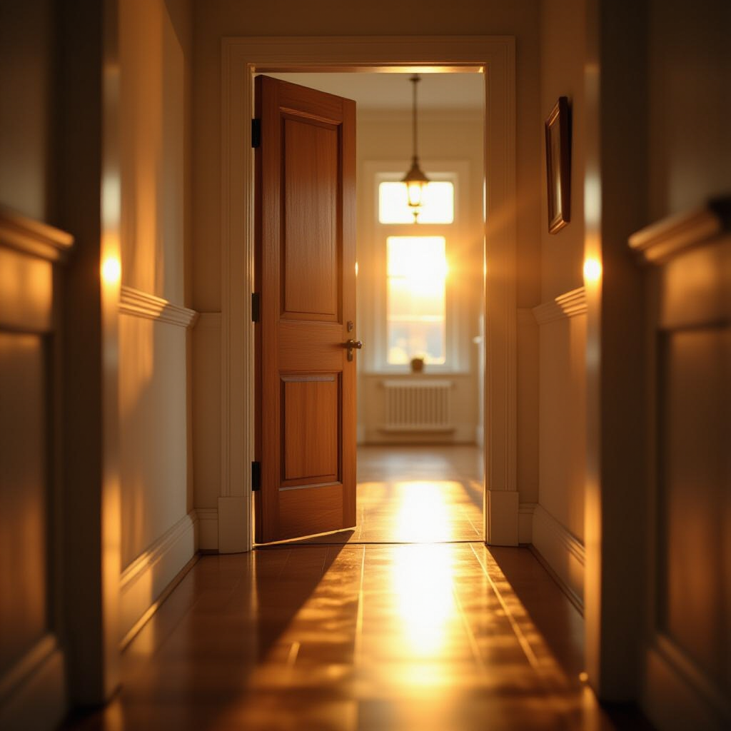 Puerta de madera entreabierta al final de un pasillo bañado en luz dorada, simbolizando una salida serena y sin drama de un compartido colaborativo