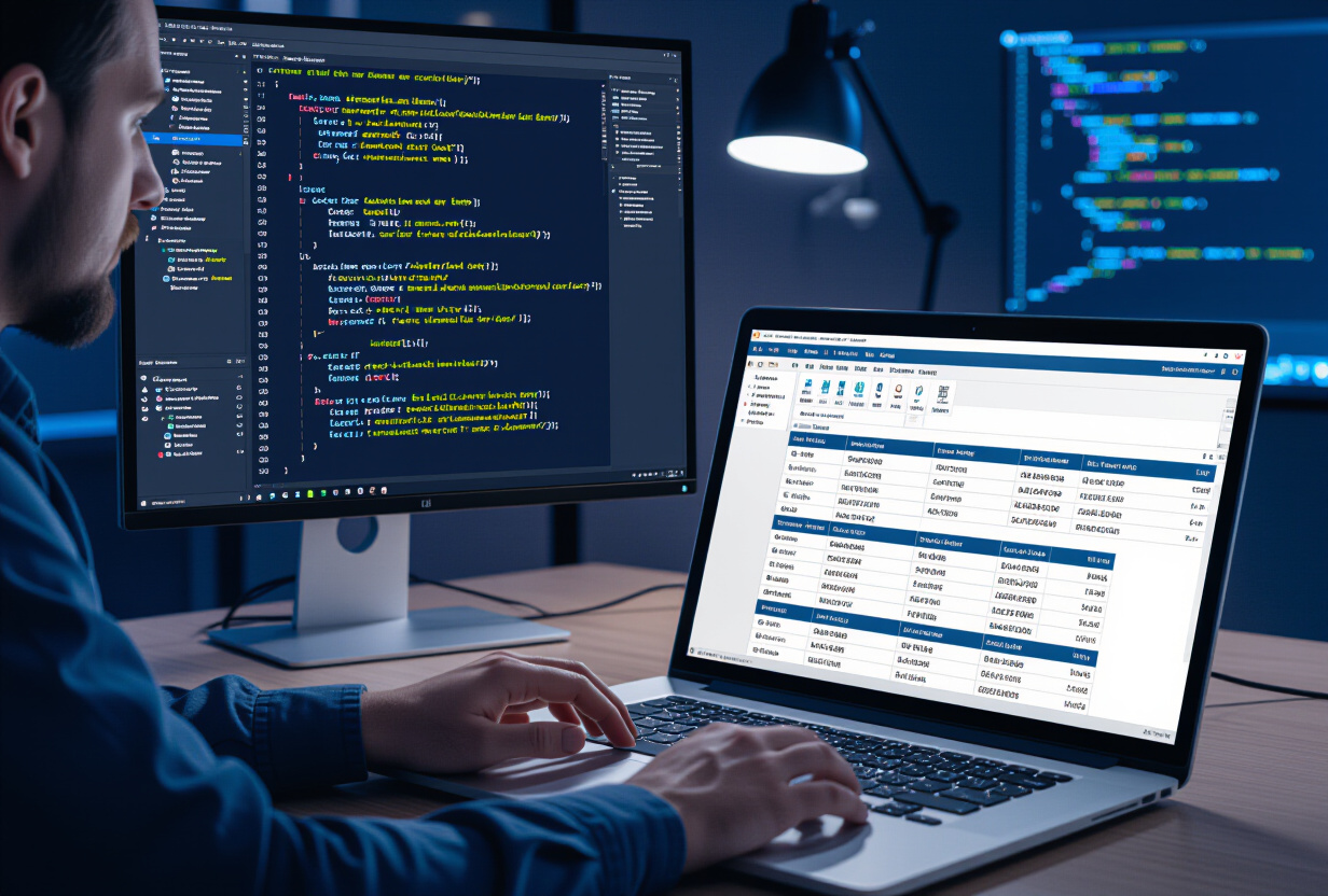 Developpeur travaillant la nuit devant un ecran affichant un schema de base de donnees avec des tables calendrier