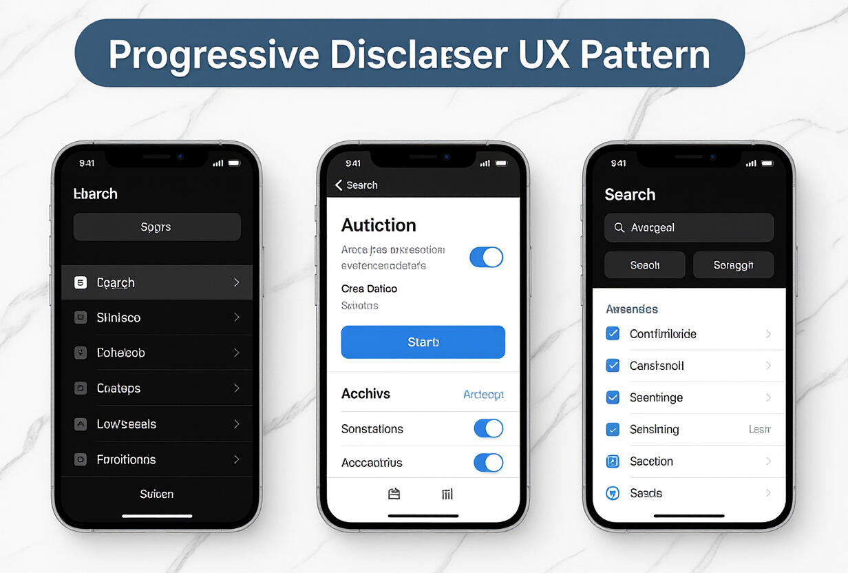 Interface mobile minimaliste montrant un pattern UX de divulgation progressive avec des options simples et un panneau avance