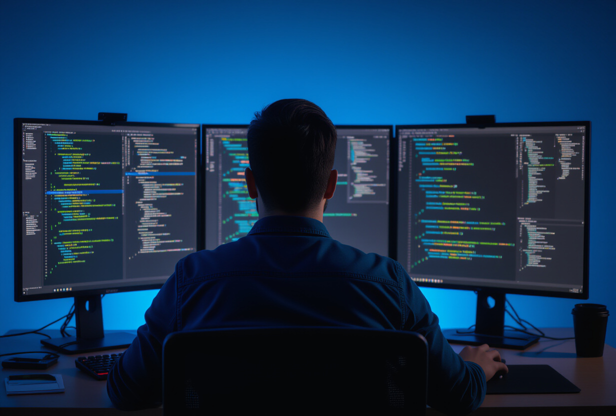 Developpeur devant plusieurs fenetres d'editeur de code avec des dialogues de recherche et remplacement ouverts