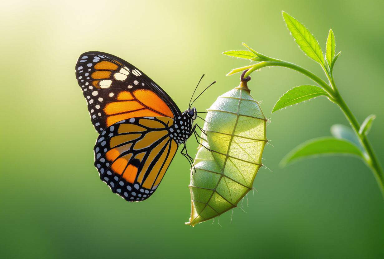 Papillon emergent d'une chrysalide, symbolisant la metamorphose et la transformation