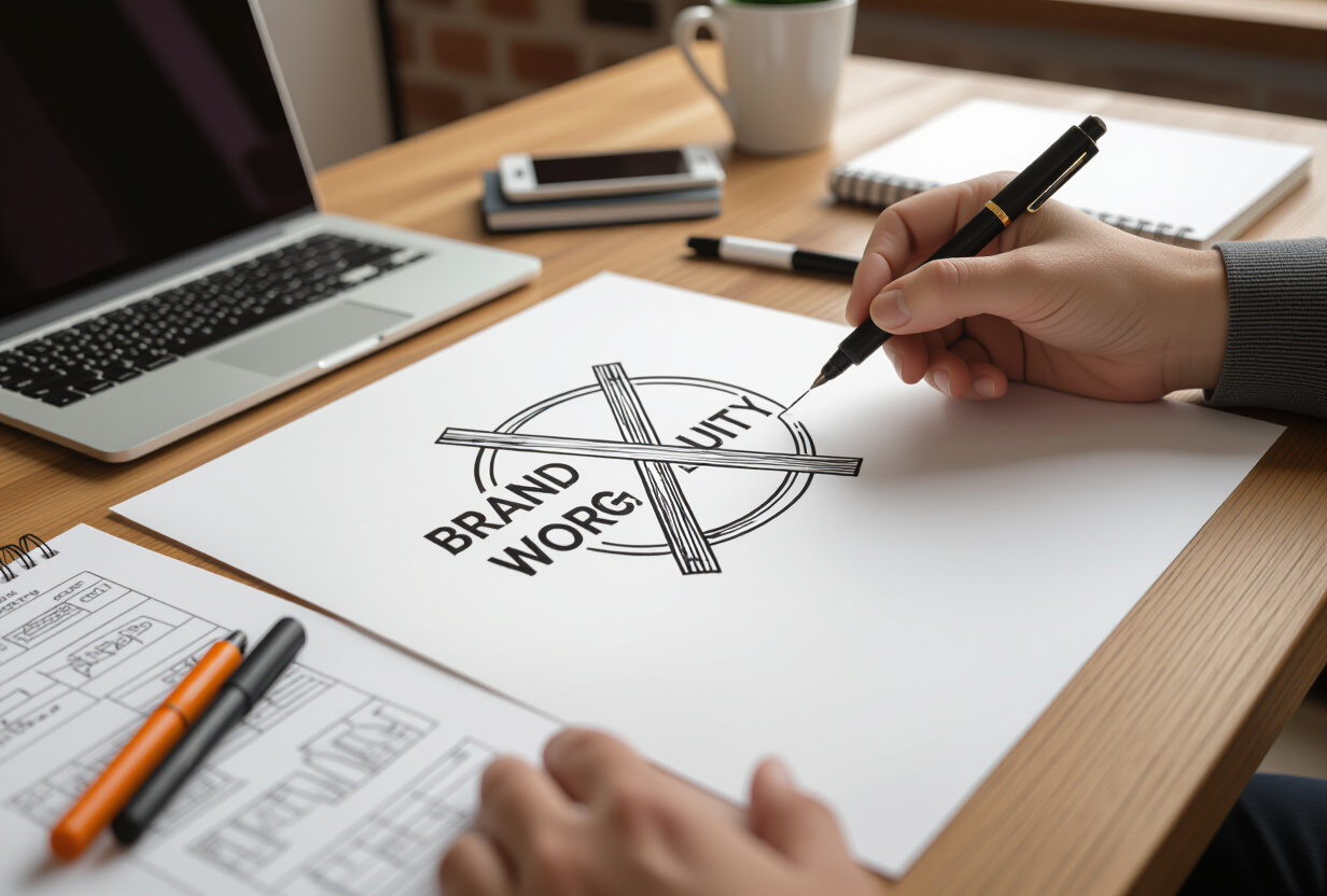 Atelier d'identite de marque avec ancien logo barre et nouveau logo esquisse sur papier