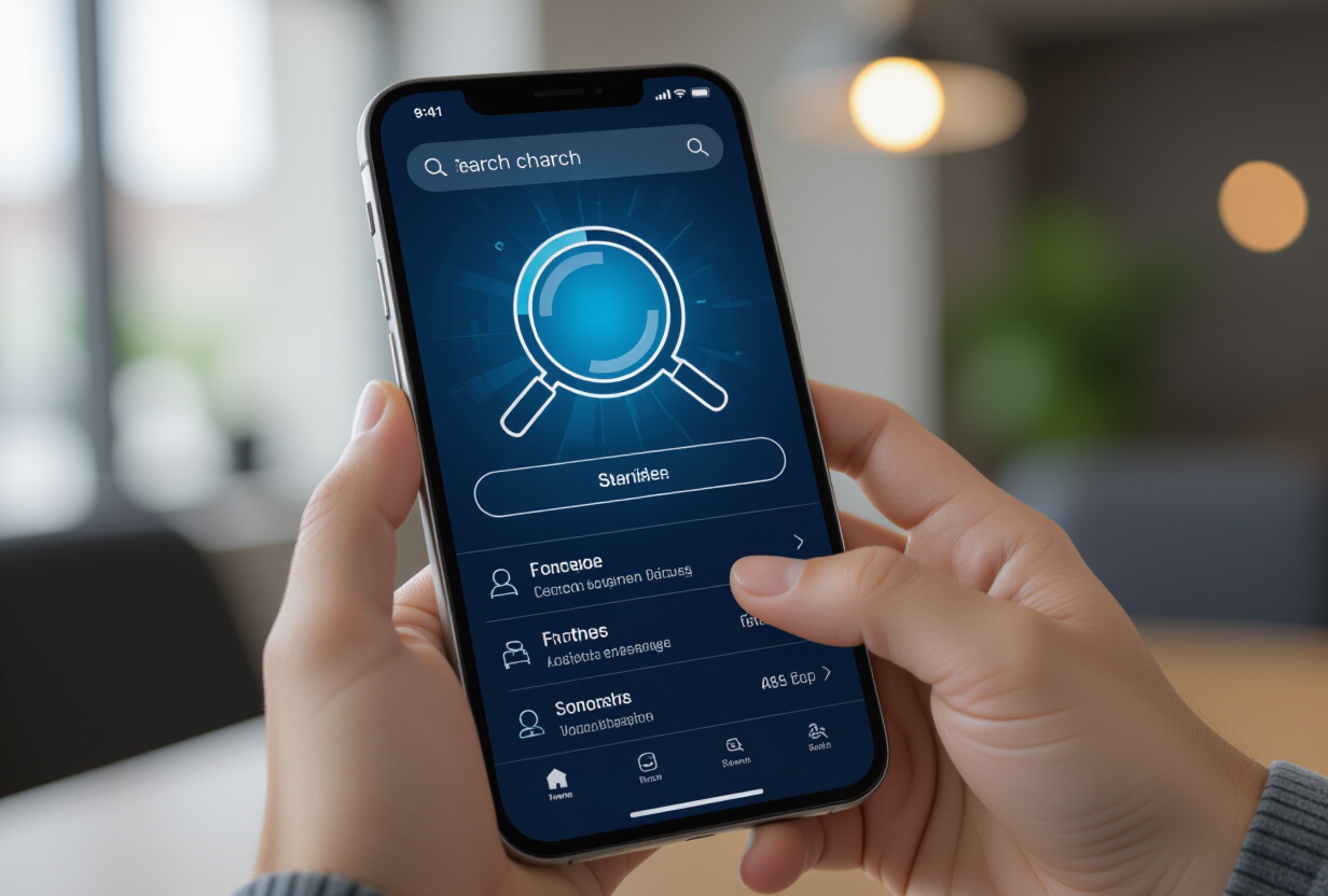 Personne utilisant la recherche sur un smartphone avec une interface moderne et des resultats filtres