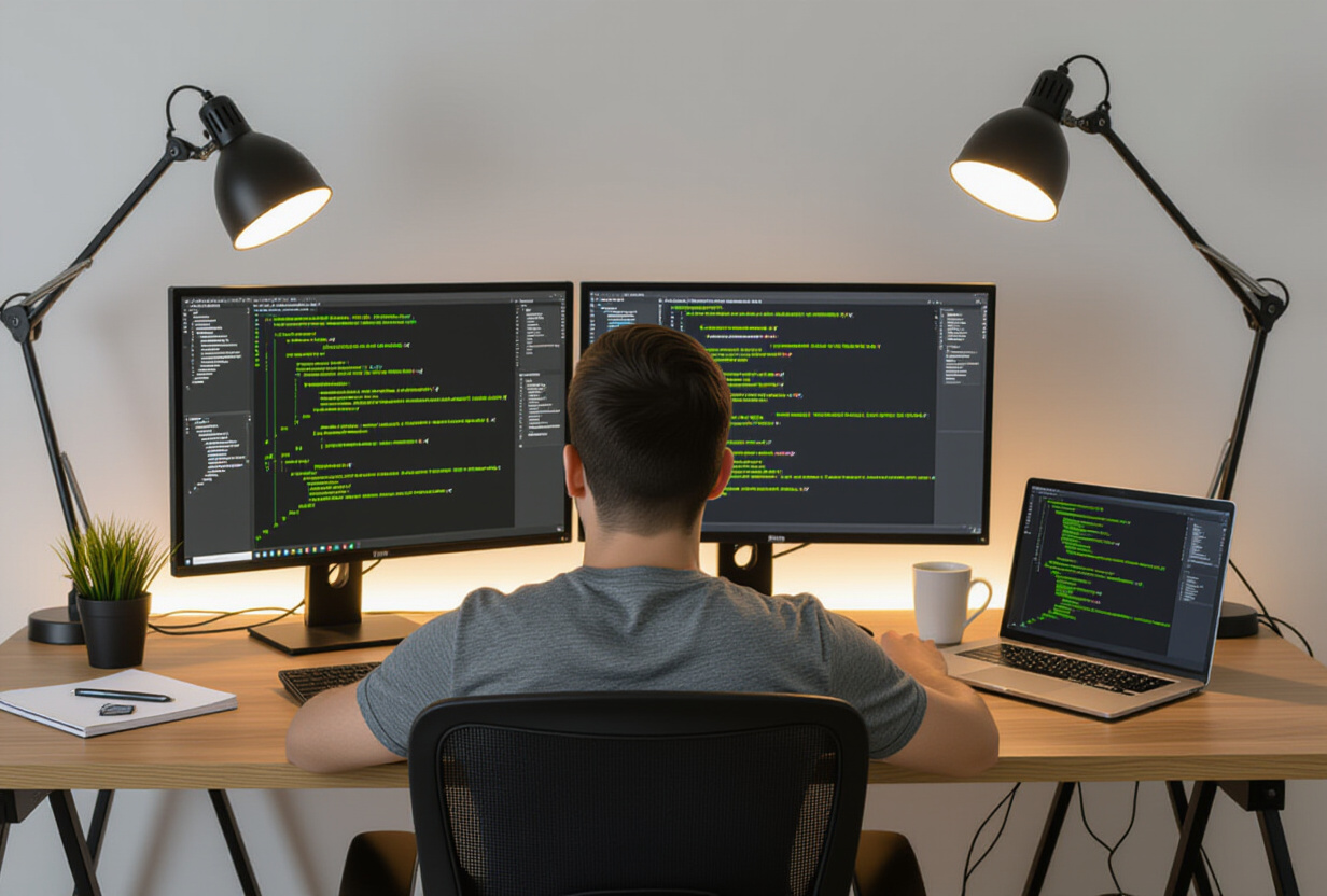 Espace de travail developpeur organise avec deux ecrans montrant du code proprement structure