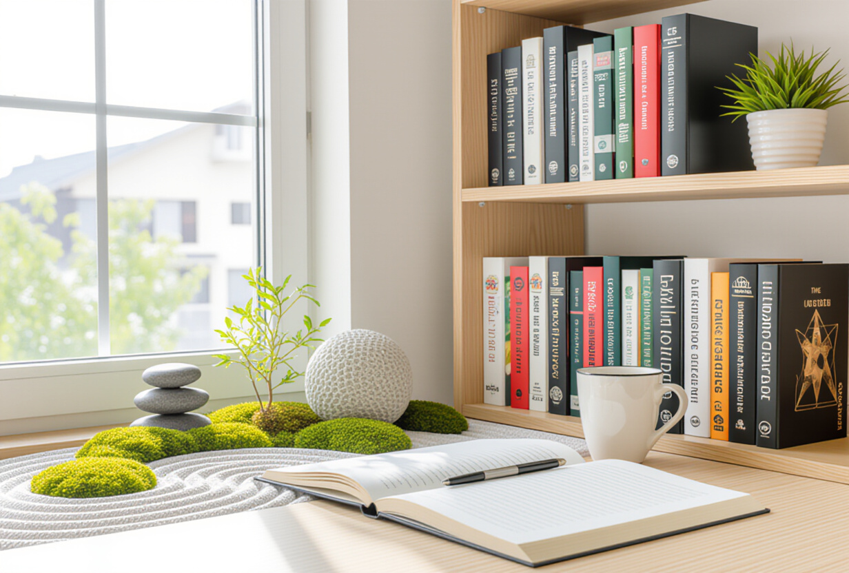 Etagere de livres de programmation bien rangee avec des cahiers organises, concept d'ordre et de clarte