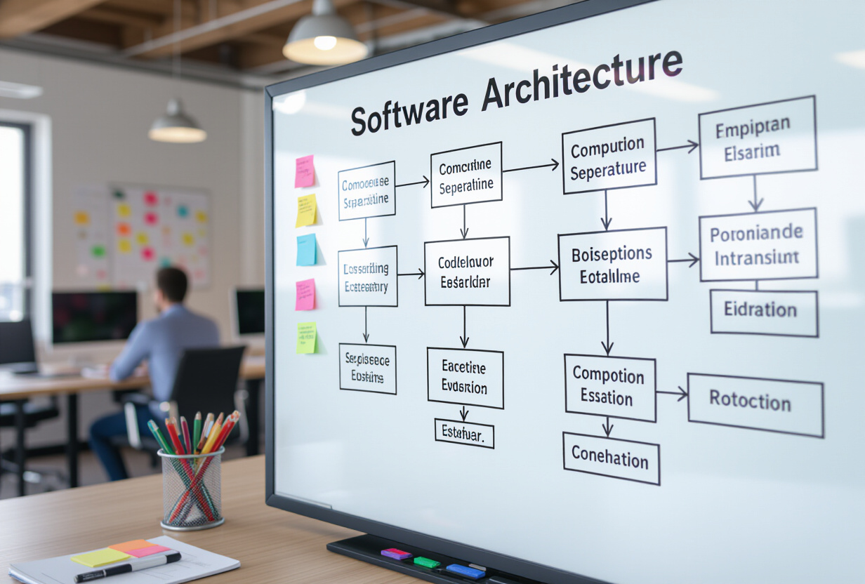 Tableau blanc avec des diagrammes d'architecture logicielle montrant la separation des composants
