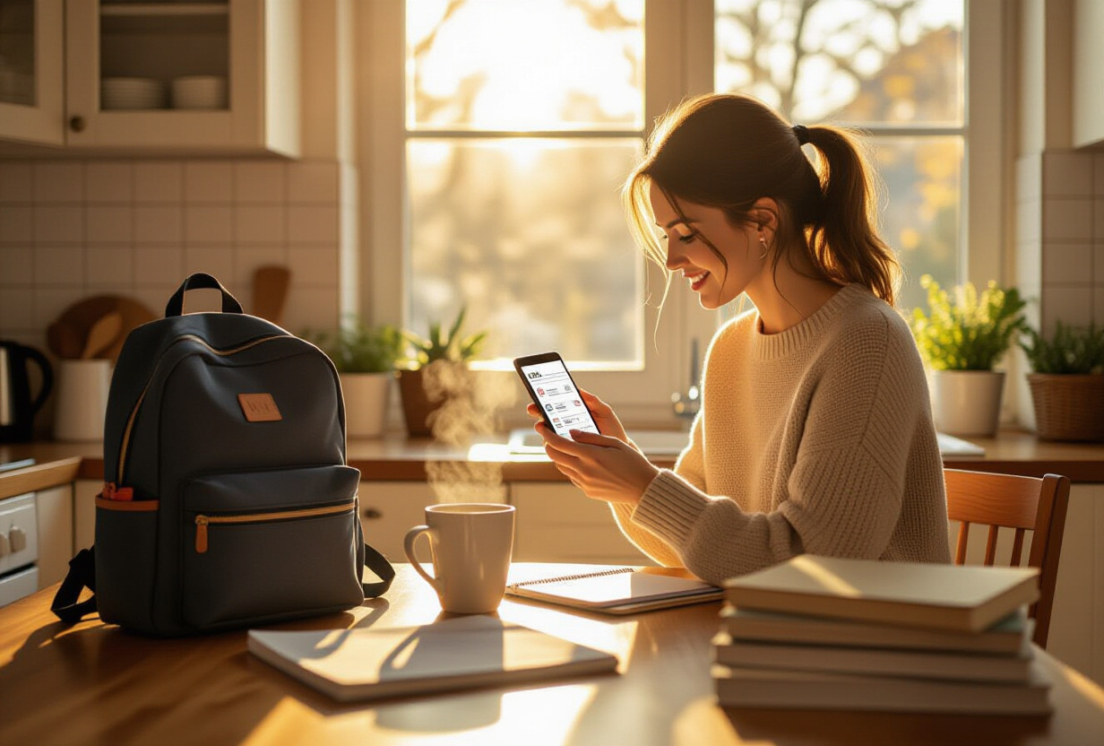 Cucina familiare francese inondata dalla luce dorata del mattino di un lunedì di rientro scolastico, madre che prepara uno zaino mentre consulta una gerarchia di compiti organizzati sul suo telefono, caffè caldo e quaderni accuratamente impilati sul tavolo di legno