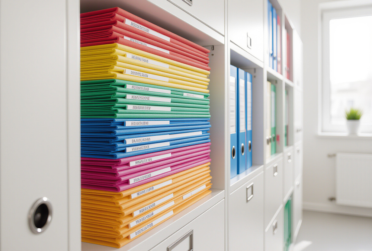 Systeme de classement organise avec dossiers colores dans un bureau moderne