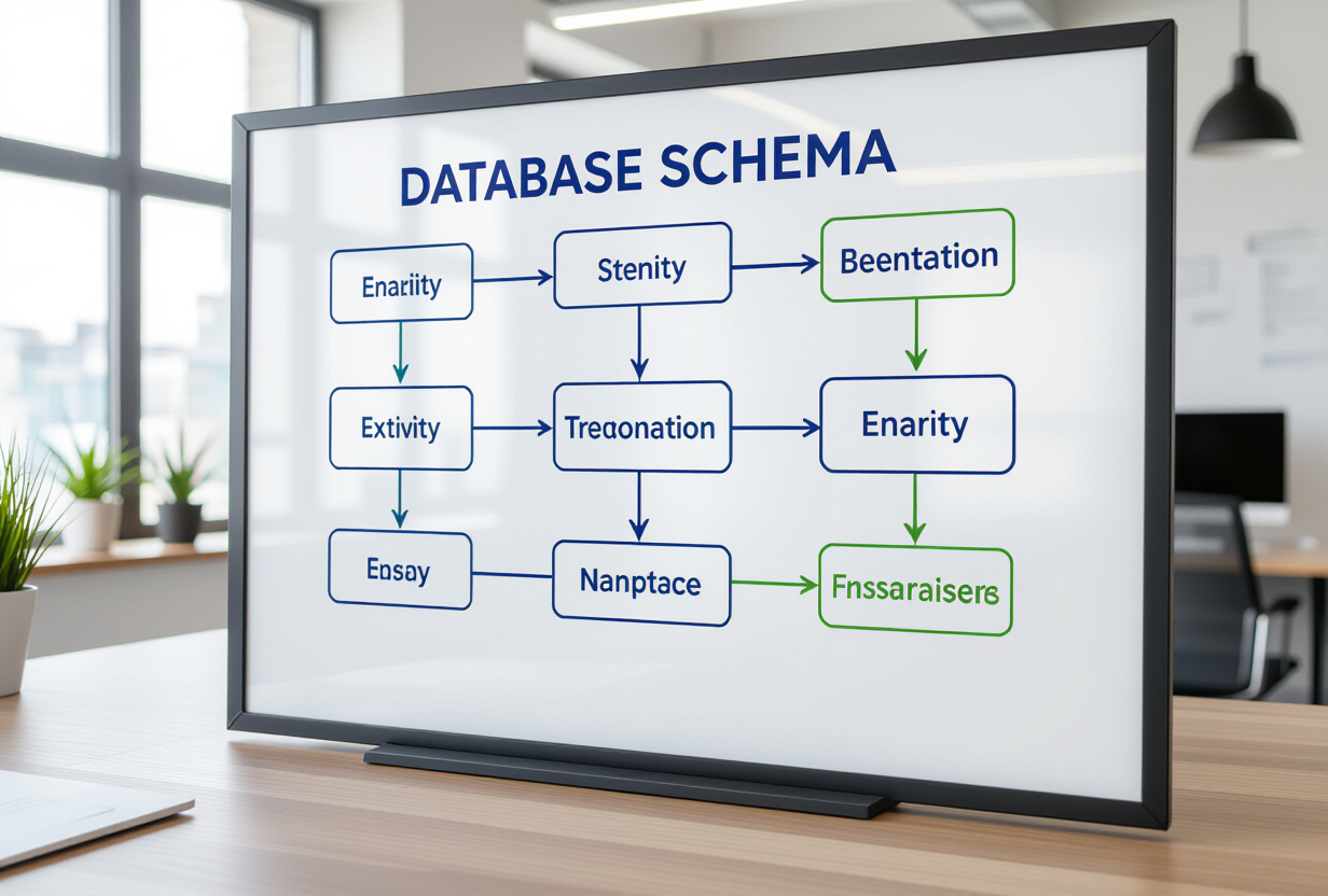 Tableau blanc avec diagramme de schema de base de donnees dessine aux marqueurs bleus et verts