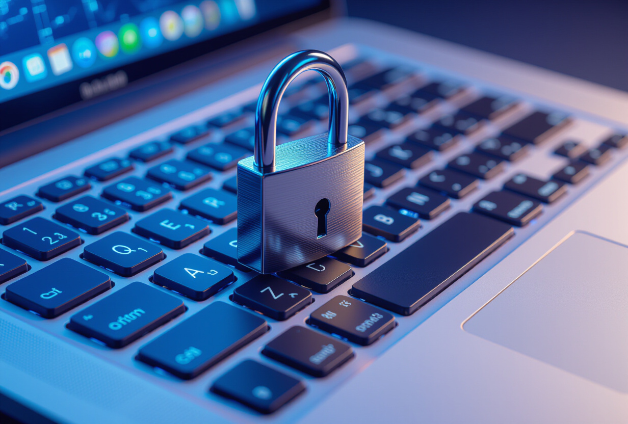 Cadenas de securite pose sur un clavier d'ordinateur portable avec eclairage bleu