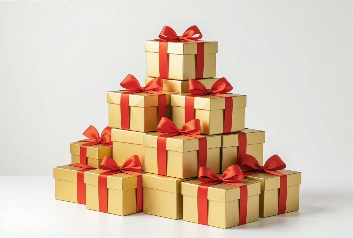 Boites cadeaux dorees empilees en pyramide avec rubans, concept de programme de recompenses