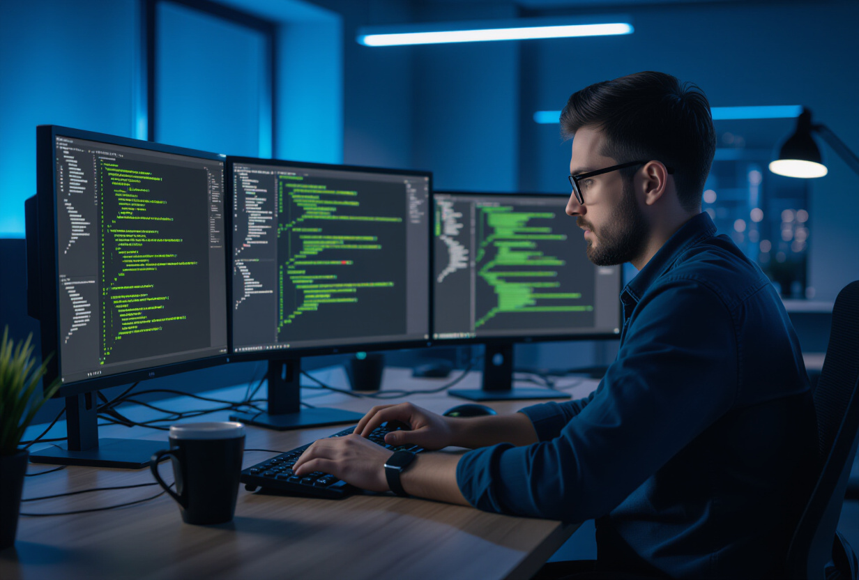 Développeur solo en session de debug nocturne, plusieurs écrans affichant du code dans un bureau sombre
