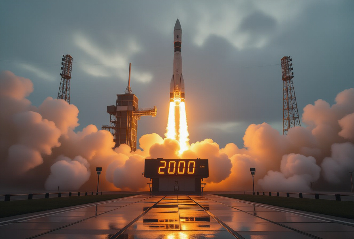 Rampe de lancement avec compte a rebours a zero, brouillard et lueur orange des moteurs, metaphore du lancement d'un produit