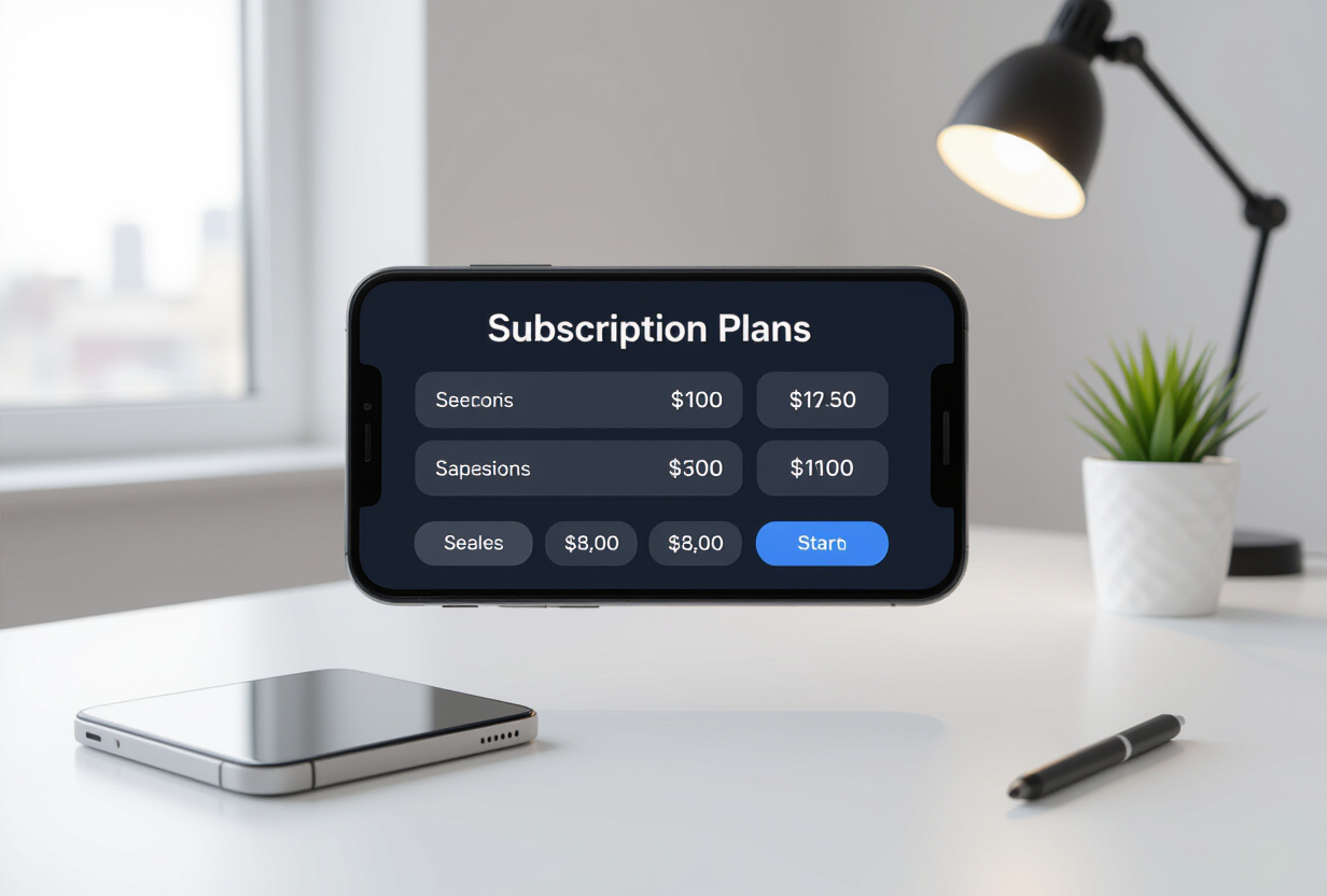 Ecran d'application mobile affichant des plans d'abonnement avec une interface sombre et moderne